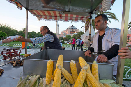 Istanbul, Turkey - May 14, 2016: Man selling Roasted Chestnuts and Corns on May 14, 2016 in Istanbul, Turkey.のeditorial素材