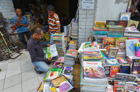 Jakarta, Java, Indonesia - August 25: Second-hand bookstores on a street on August 25, 2016 in Jakarta, Java, Indonesia.のeditorial素材