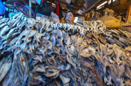 Rantepao, Tana Toraja, Sulawesi, Indonesia - August 16: Sellers of fish in the market Pasar Bolu on August 16, 2016 in Rantepao, Tana Toraja, Sulawesi, Indonesiaのeditorial素材