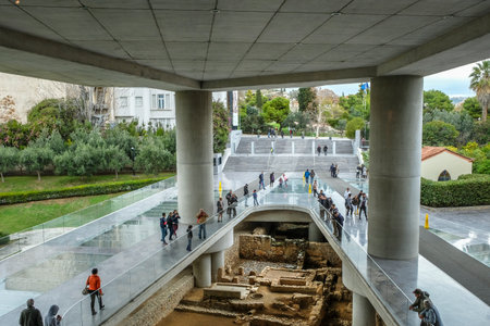 Athens, Greece - December 28: Tourists visiting the Acropolis Museum Athens on December 28, 2017 in Athens, Greece.のeditorial素材