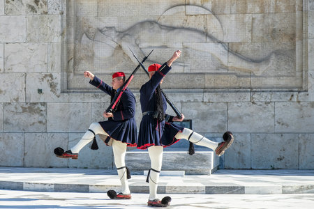 Athens, Greece - December 29: Changing of the guard at the Tomb of the Unknown Soldier in Syntagma Square at the Greek Parliament on December 29, 2017 in Athens, Greece.のeditorial素材