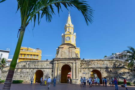Cartagena, Colombia - August 3: Unidentified people in Clock Tower Gate on August 3, 2017 in Cartagena, Colombia.のeditorial素材