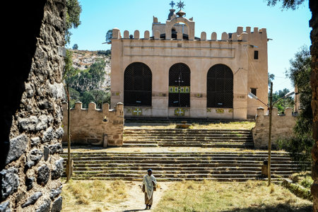Aksum, Ethiopia - January 12: A pilgrim in the Church of Our Lady Mary of Zion, the most sacred...