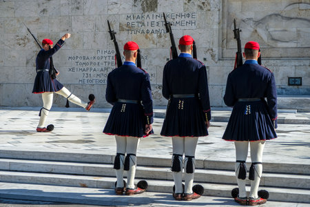 Athens, Greece - December 29: Changing of the guard at the Tomb of the Unknown Soldier in Syntagma Square at the Greek Parliament on December 29, 2017 in Athens, Greece.のeditorial素材