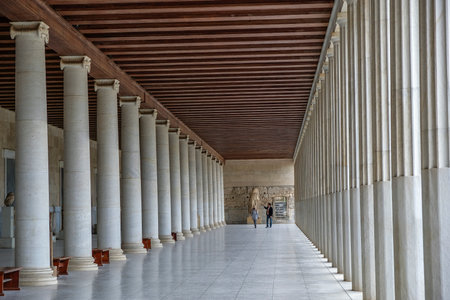Athens, Greece - December 28: A couple of tourists visiting the Museum of the Ancient Agora inside...