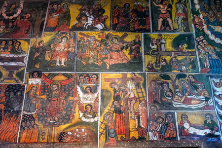 Gondar, Ethiopia - January 16: Interior painted with frescoes in the Church of Debra Berhan Selassie on January 16, 2018 in Gondar, Ethiopia.のeditorial素材