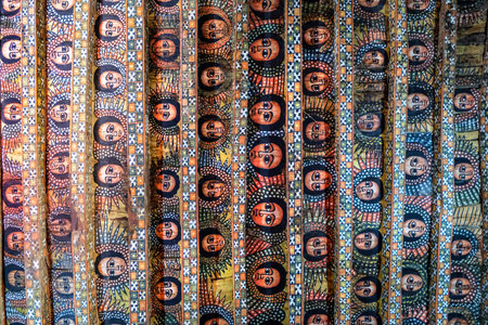 Gondar, Ethiopia - January 16: Interior painted with frescoes in the Church of Debra Berhan Selassie on January 16, 2018 in Gondar, Ethiopia.のeditorial素材