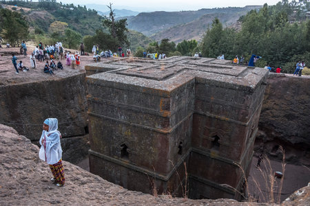 Lalibela, Ethiopia - January 5: Pilgrims at Bet Giyorgis, one of the rock churches in Lalibela and UNESCO World Heritage site on January 5, 2018 in Lalibela, Ethiopiaのeditorial素材