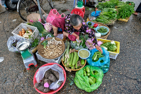 My Tho, Vietnam - August 9: A woman sells fruits and vegetables on street market on August 9, 2018 in My Tho, Vietnam.のeditorial素材