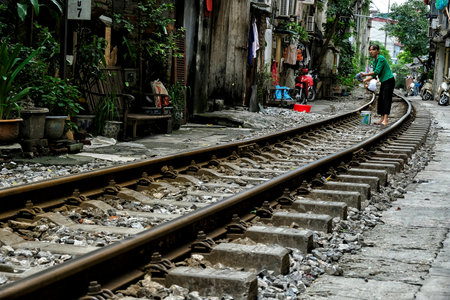 Hanoi, Vietnam - August 31: People living their daily life in the middle of Hanoi's Train Street on August 31, 2018 in Hanoi, Vietnam.のeditorial素材