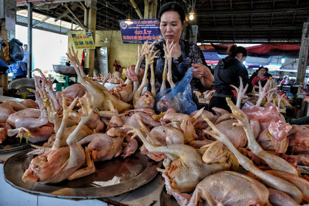 Sapa, Vietnam - August 24: Hmong woman selling meat at the market on August 24, 2018 in Sapa, Vietnam.のeditorial素材