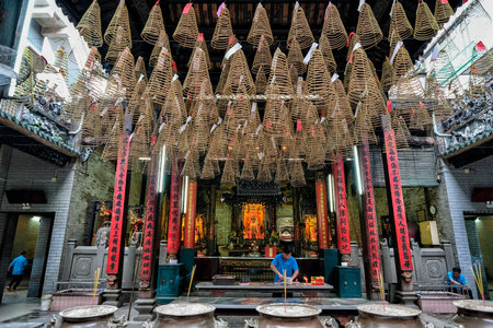 Ho Chi Minh City, Vietnam - August 8: Interior of Thien Hau Pagoda. Thien Hau Pagoda is one of the highlights of Cholon on August 8, 2018 in Vietnam.のeditorial素材