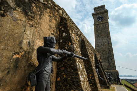 Galle, Sri Lanka - January 2020: Sculptures next to the Clock Tower in Galle Fort on January 14, 2020 in Galle, Sri Lanka.のeditorial素材