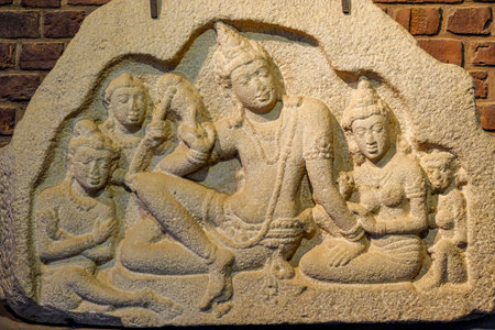 Anuradhapura, Sri Lanka - February 2020: Sculpture of the Devanampiya Tissa royal family in the Isurumuniya Vihara Buddhist temple on February 6, 2020 in Anuradhapura, Sri Lanka.のeditorial素材