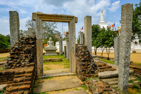 Anuradhapura, Sri Lanka - February 2020: Buddha statue in the Buddhist stupa Thuparama Dagoba on February 6, 2020 in Anuradhapura, Sri Lanka.のeditorial素材
