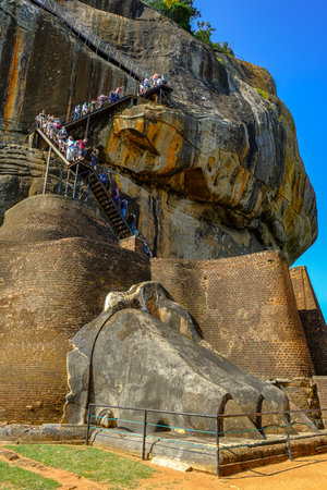 Sigiriya, Sri Lanka - February 2020: People visiting the fortress of Sigiriya Rock on February 9, 2020 in Sigiriya, Sri Lanka.のeditorial素材
