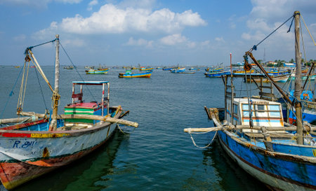 Jaffna, Sri Lanka - February 2020: Fishing boats in the fishing district of Jaffna on February 23, 2020 in Jaffna, Sri Lanka.のeditorial素材