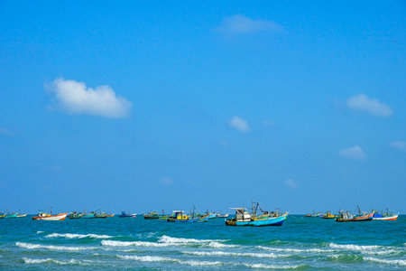 Talaimannar, Sri Lanka - February 2020: Fishing boats anchored on the beach on February 26, 2020 in Talaimannar, Sri Lanka.のeditorial素材
