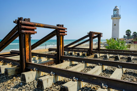 Talaimannar, Sri Lanka - February 2020: End of the railway line at Talaimannar beach next to the lighthouse on February 26, 2020 in Talaimannar, Sri Lanka.のeditorial素材