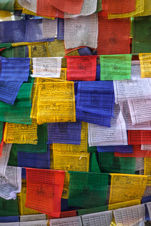 Siliguri, India - November 2020: Prayer flags at a Buddhist temple in Siliguri on November 7, 2020 in West Bengal, India.のeditorial素材