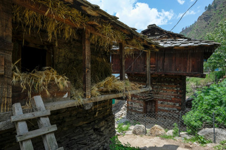 Nakthan, India - June 2021: Views of the village of Nakthan in the Parvati Valley on June 20, 2021 in Nakthan, Himachal Pradesh, India.のeditorial素材