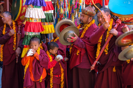 Marpha, Nepal - November 2021: Lama dance at the Marpha Buddhist Monastery in the Mustang district on November 3, 2021 in Marpha, Nepal.のeditorial素材