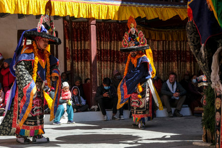 Marpha, Nepal - November 2021: Lama dance at the Marpha Buddhist Monastery in the Mustang district on November 3, 2021 in Marpha, Nepal.のeditorial素材