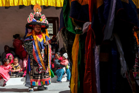 Marpha, Nepal - November 2021: Lama dance at the Marpha Buddhist Monastery in the Mustang district on November 3, 2021 in Marpha, Nepal.のeditorial素材