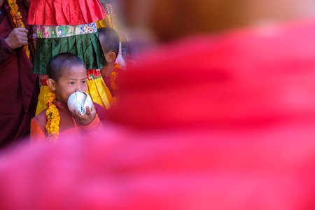 Marpha, Nepal - November 2021: Lama dance at the Marpha Buddhist Monastery in the Mustang district on November 3, 2021 in Marpha, Nepal.のeditorial素材