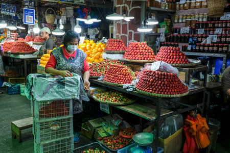 Baguio, Philippines - August 2022: Strawberry stand in Baguio market on August 4, 2022 in Baguio, Luzon, Philippines.のeditorial素材