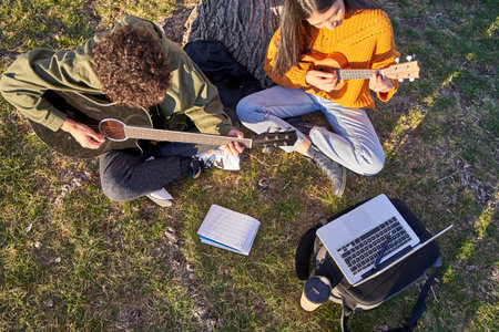 Young latin couple sitting at tree playing ukulele and guitar singing a song. happy feeling/relaxing conceptの写真素材