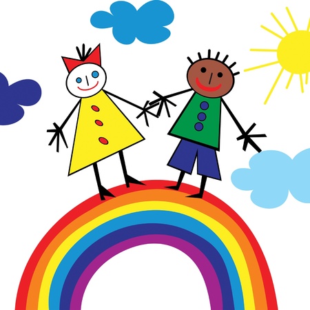 Children riding on a rainbowのイラスト素材