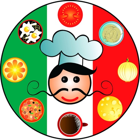 Italian dishes and cook on the background of the Italian flagのイラスト素材