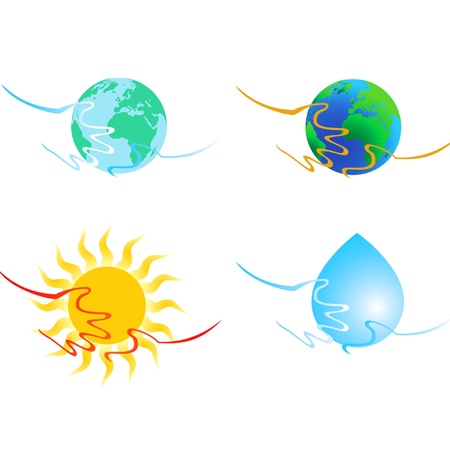   set of art vector hands with Earth, sun and water dropのイラスト素材
