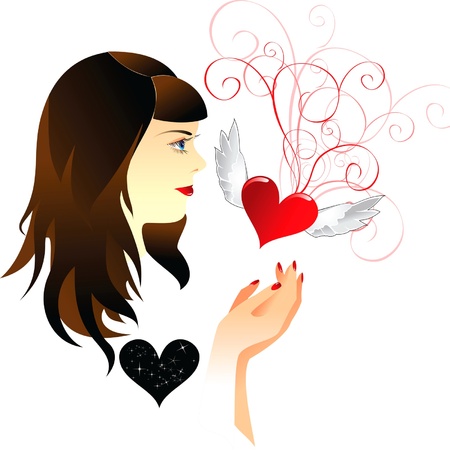 girl in love holds in her hands a heart with wingsのイラスト素材