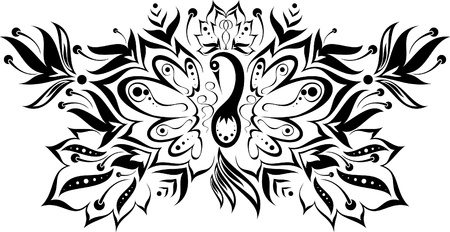 black and white pattern with a magic bird and flowersのイラスト素材