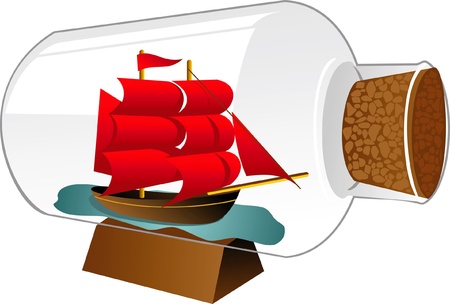 model sailboat with red sails in the souvenir bottleのイラスト素材