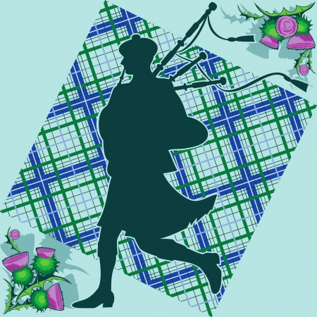 Scottish bagpiper on the background of plaid and thistle flowersのイラスト素材