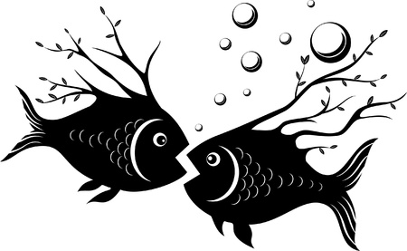 Isolated silhouettes of two fish with tree branches instead of finsのイラスト素材