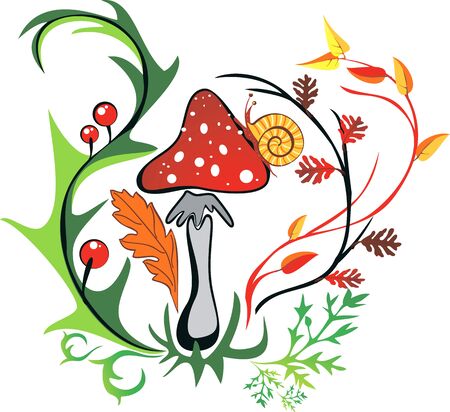 Vector image with amanita with snail surrounded by colorful leavesのイラスト素材