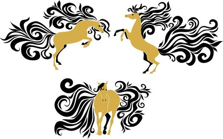 stylized image of horses with beautiful manes and tailsのイラスト素材