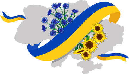Silhouette of the map of Ukraine with with the flag of Ukraine, sunflower and cornflower. Support for Ukraine. Symbol of Ukraine. stock vector illustration.のイラスト素材