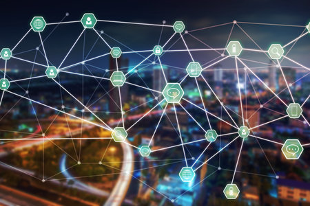 Future and connection concept on blurry city scape background
