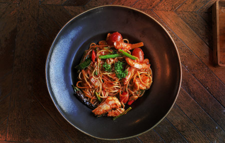 Directly above view, Italian pasta spaghetti with prawns in Tom Yum flavor, Thai style pasta, tasty and spicy, delicious menu in dark color plate on wooden tableの写真素材