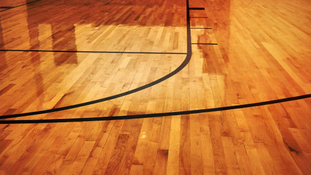 Interior of empty modern basketball indoor sport court, semigloss coating wooden floor, artificial lights reflectedの写真素材