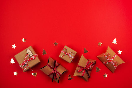 Flat lay with bright christmas decoration. New year celebration and christmas concept
