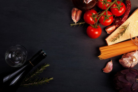 Flat lay with fresh organic products. Traditional ingredients of italian cuisineの写真素材