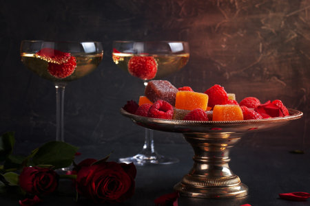 Close-up of colorful sweet fruit jelly candies or marmelade with raspberies on decorated metal plate. Concept of sweetness and healthy sweets made of fruits, berries and natural ingredientsの写真素材