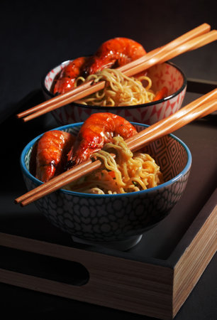 Freshly cooked instant noodles. Asian cuisineの写真素材