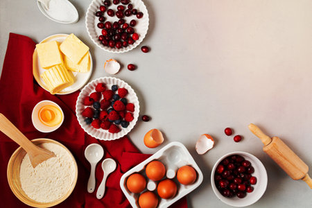 Rustic baking ingredients flat lay. Homemade pastry, baking. Top view flat lay background. Copy...